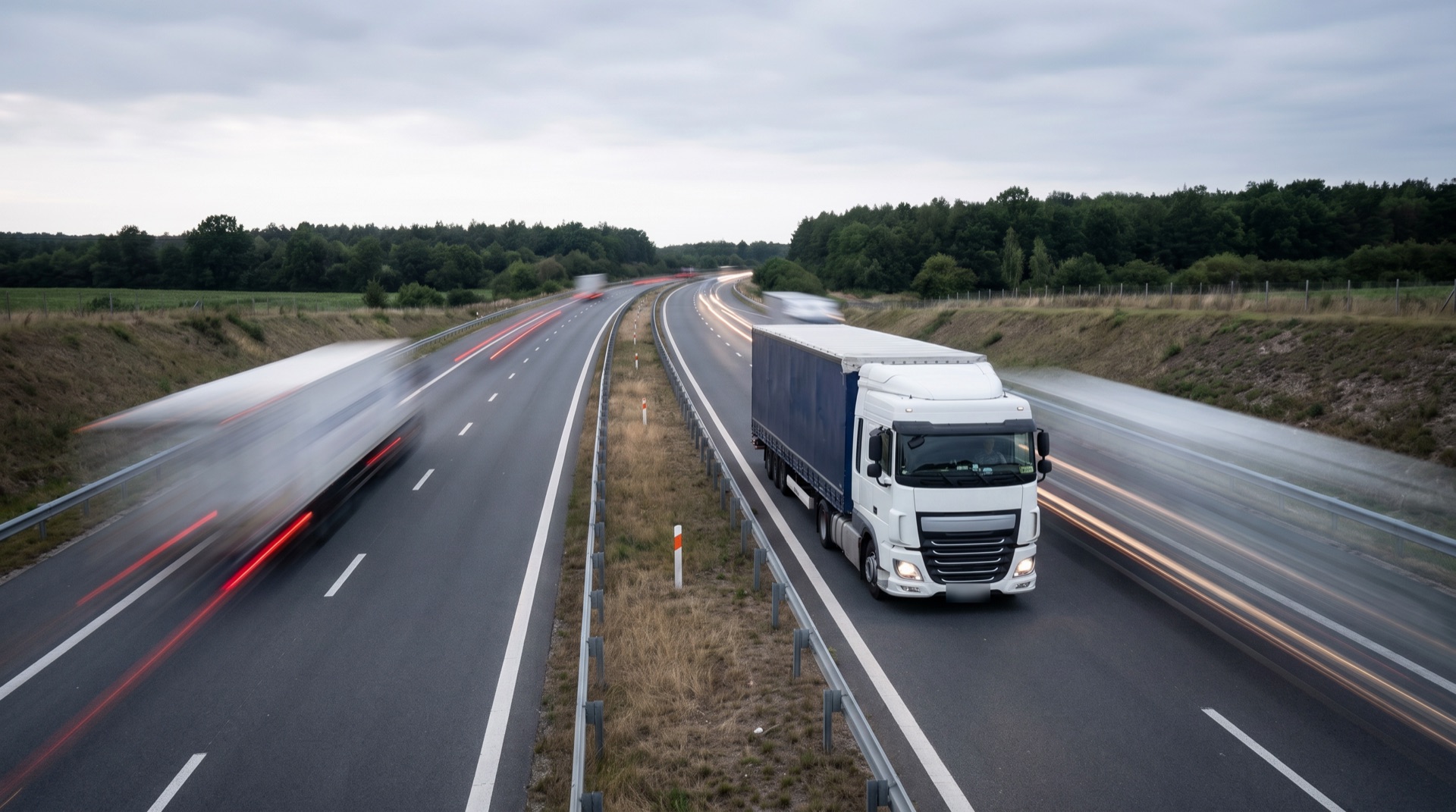 Ciężarówka z niebieską naczepą na autostradzie